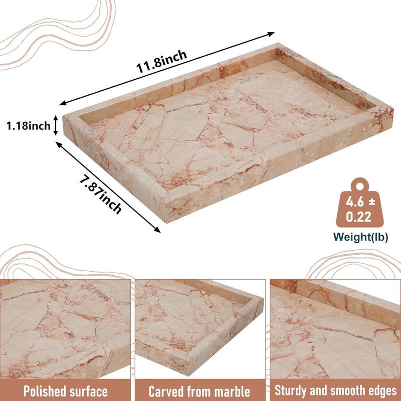 MULWR Marble Bathroom Tray,Pure Natural Vanity Tray,Marble Trays for Kitchen Counter Non-Ceramic/Non-Resin,Stone Tray 12 x 8 inch (Pink) ﻿ - Image 4